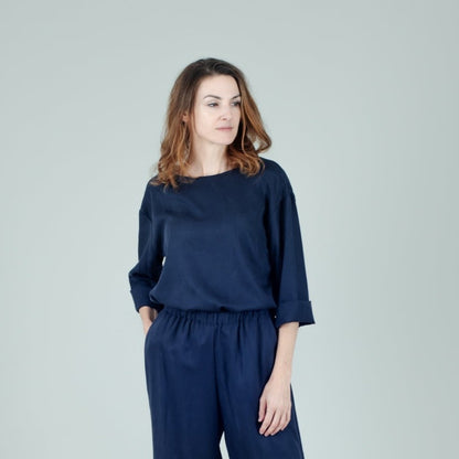 Tencel Damenshirt Dunkelblau, langärmelig, Urheber: Mini & Eve